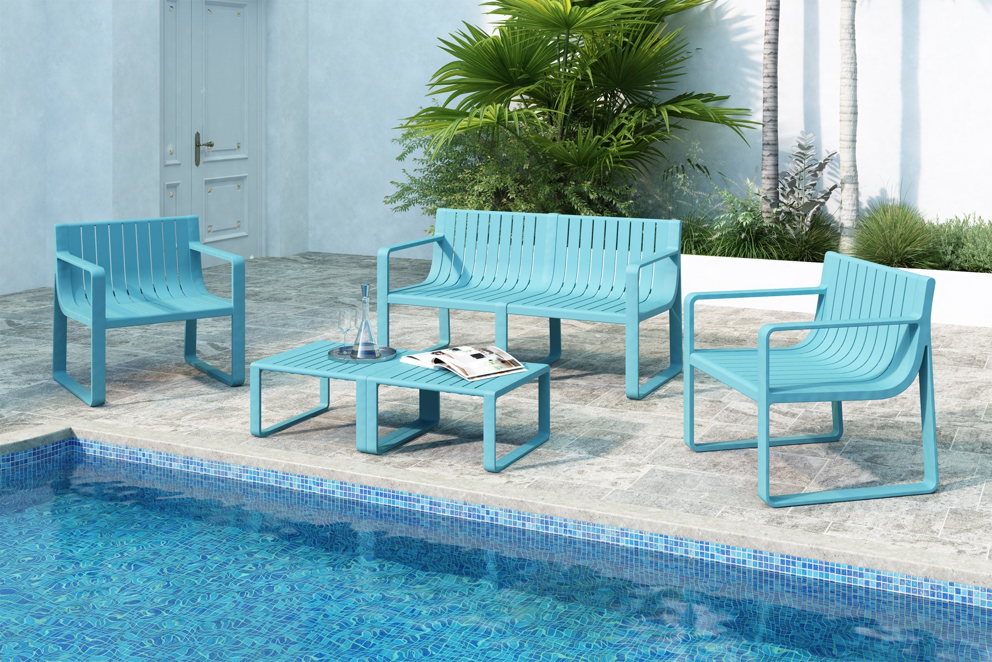 Ricki 5 Piece Modern Patio or Poolside Set - Tiffany Blue