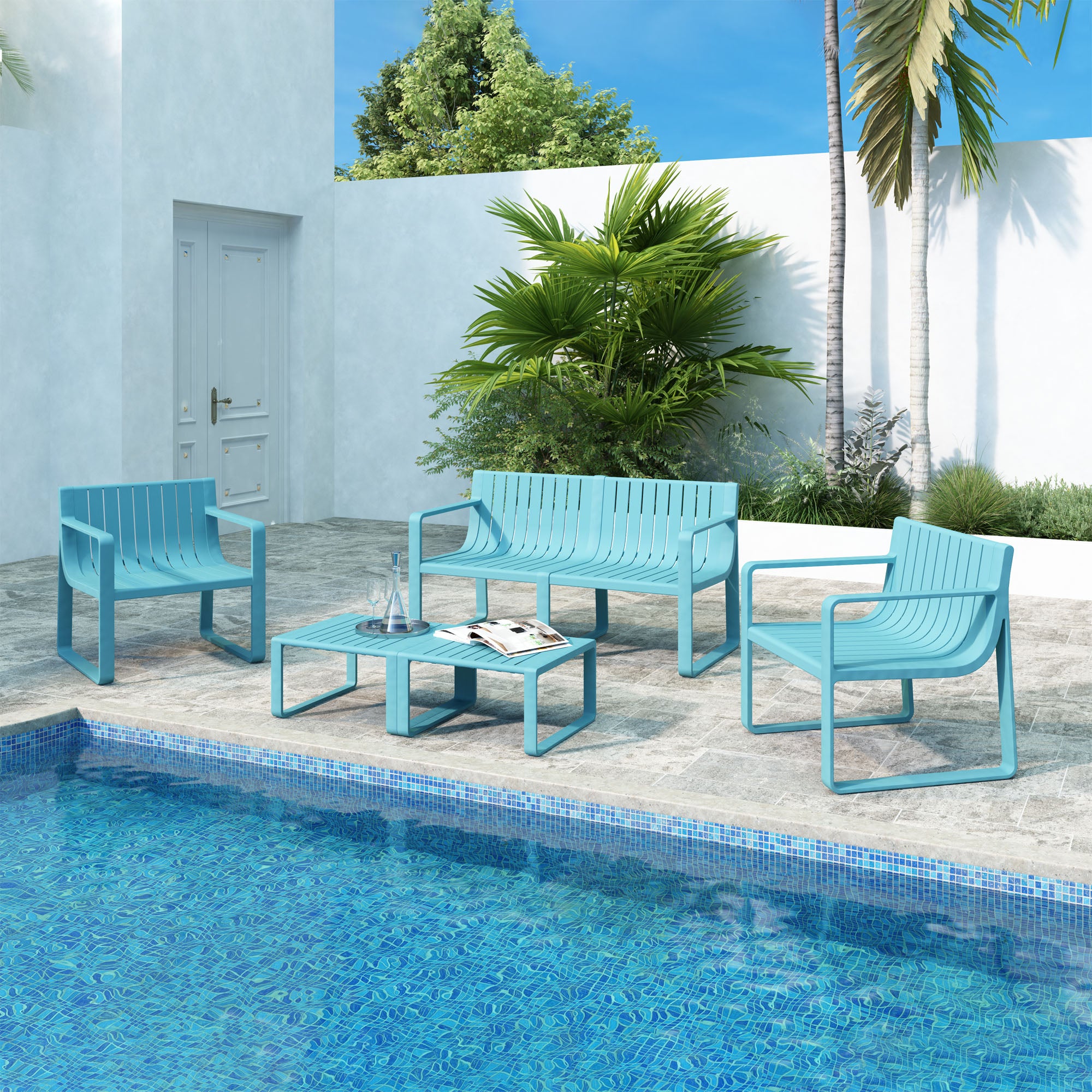 Ricki 5 Piece Modern Patio or Poolside Set - Tiffany Blue