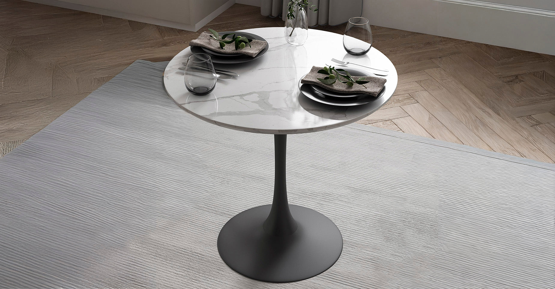 Kurv® Café Table - White Faux Marble and Black Base