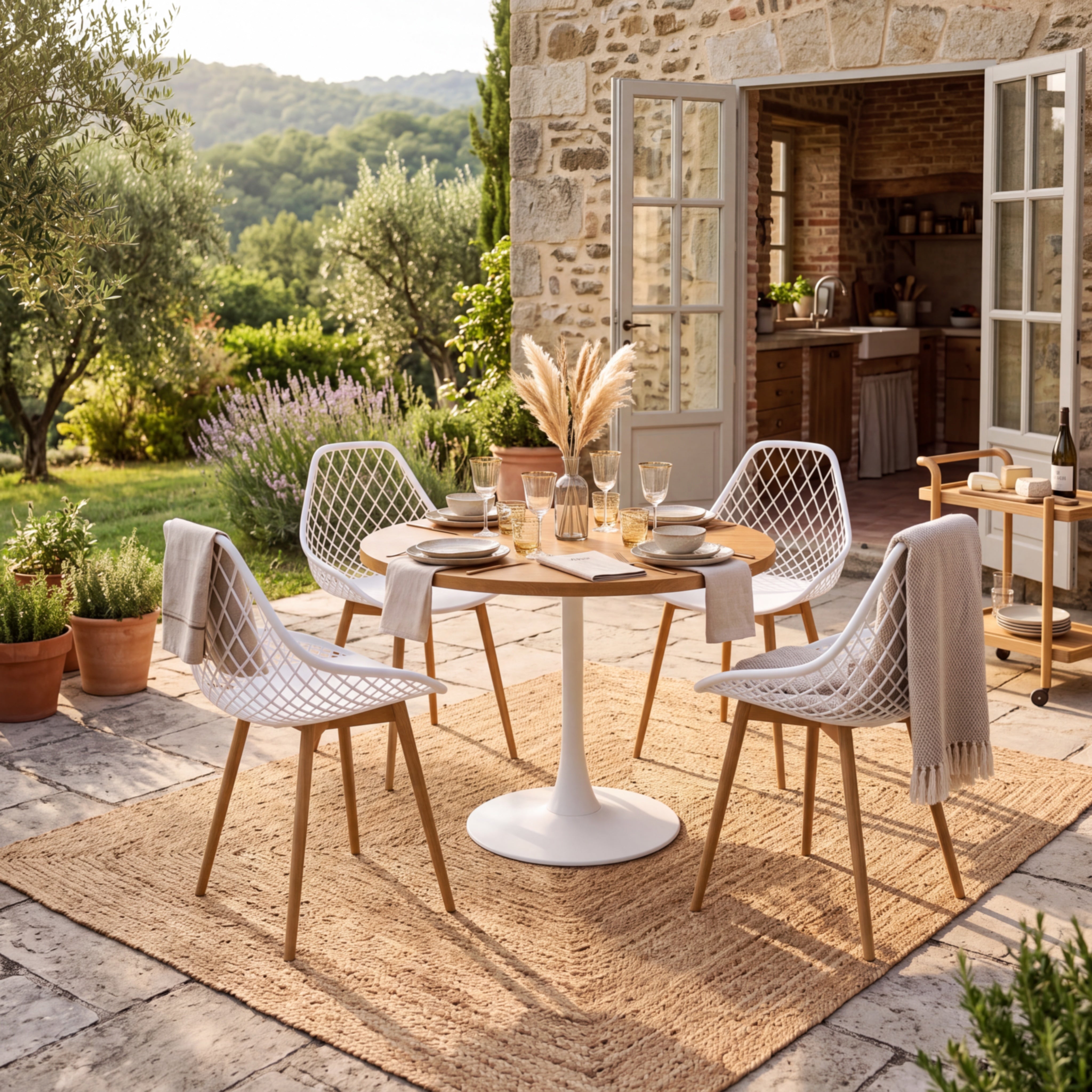 Kurv® Dining Chair - White with Natural Legs, Indoor/Outdoor - Set of 2