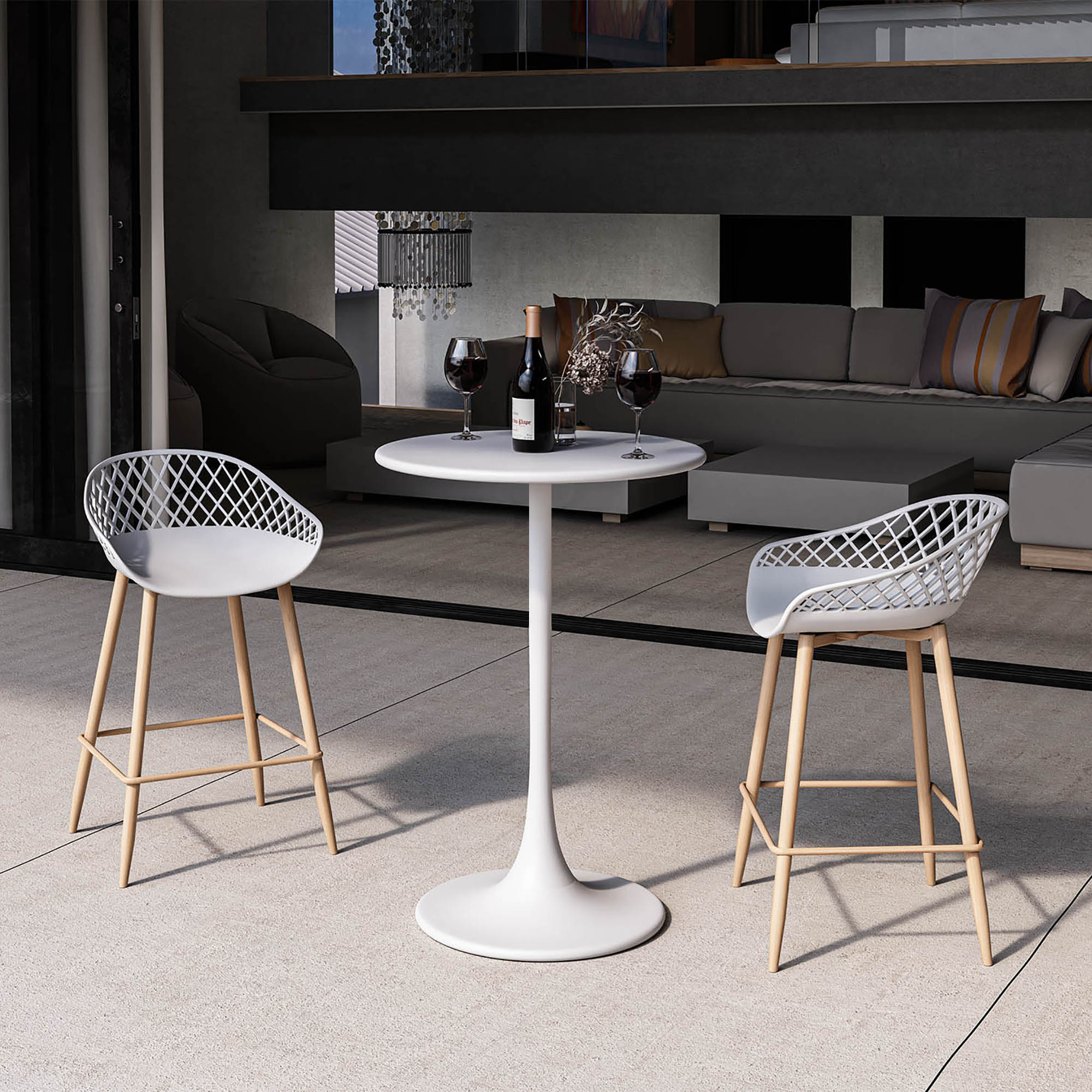 Kurv® Counter Stool - White with Natural Legs, Indoor/Outdoor - Set of