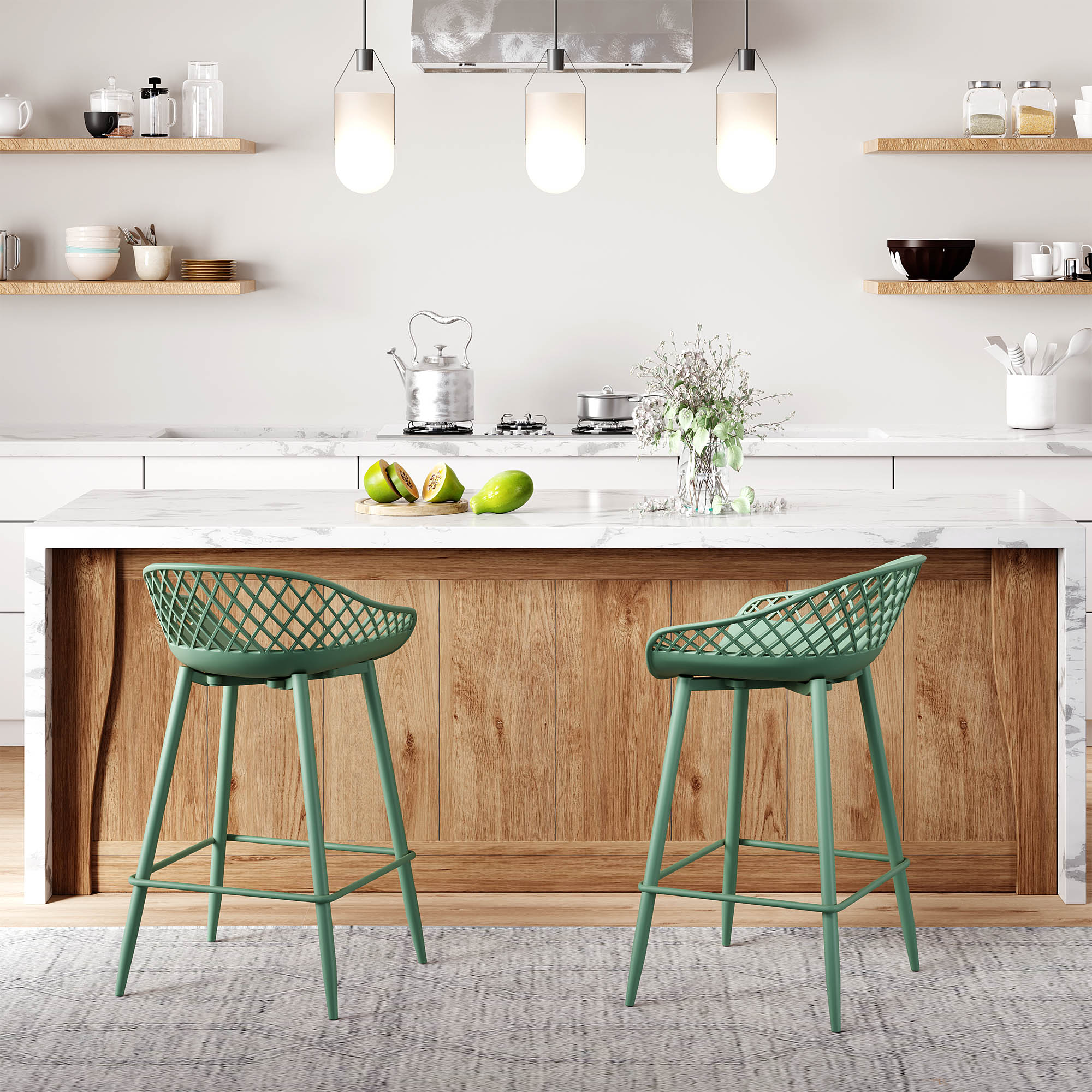 Kurv® Counter Stool - Aloe Green, Indoor/Outdoor - Set of 2