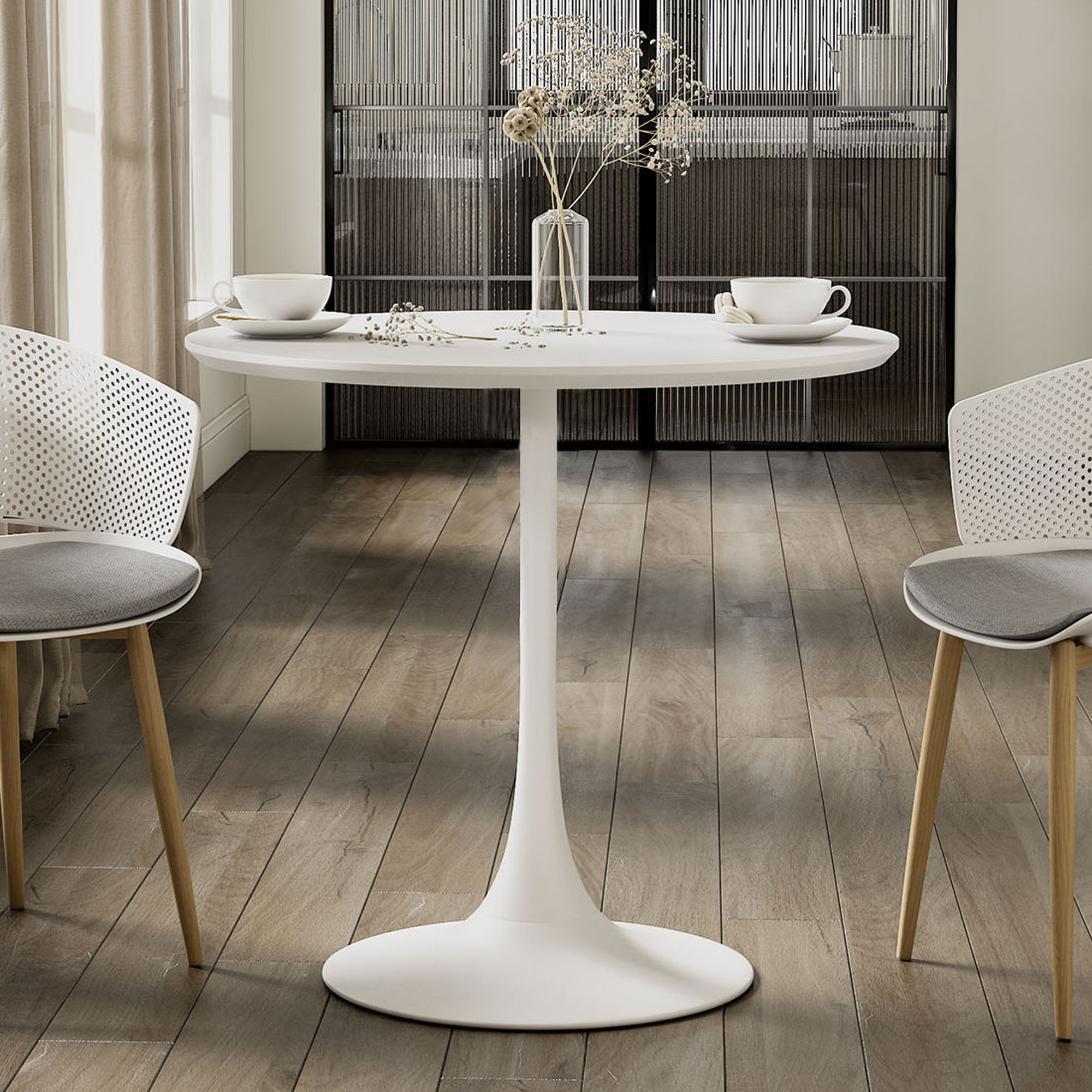 Kurv® Cafe Table for Indoors – 31.5”D x 29.5”H – White Top – White Base