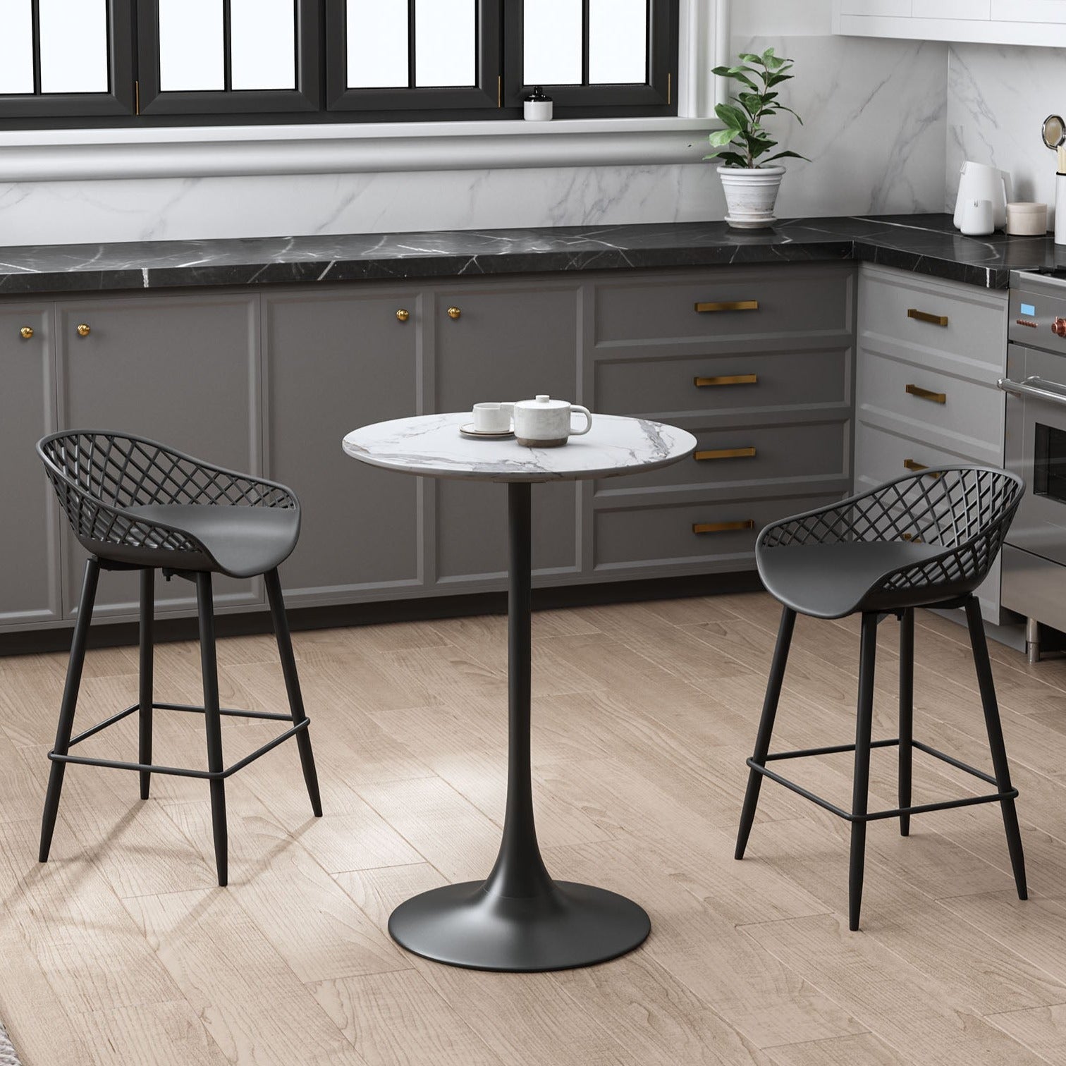 Kurv® Counter Height Table White Faux Marble and Black Base
