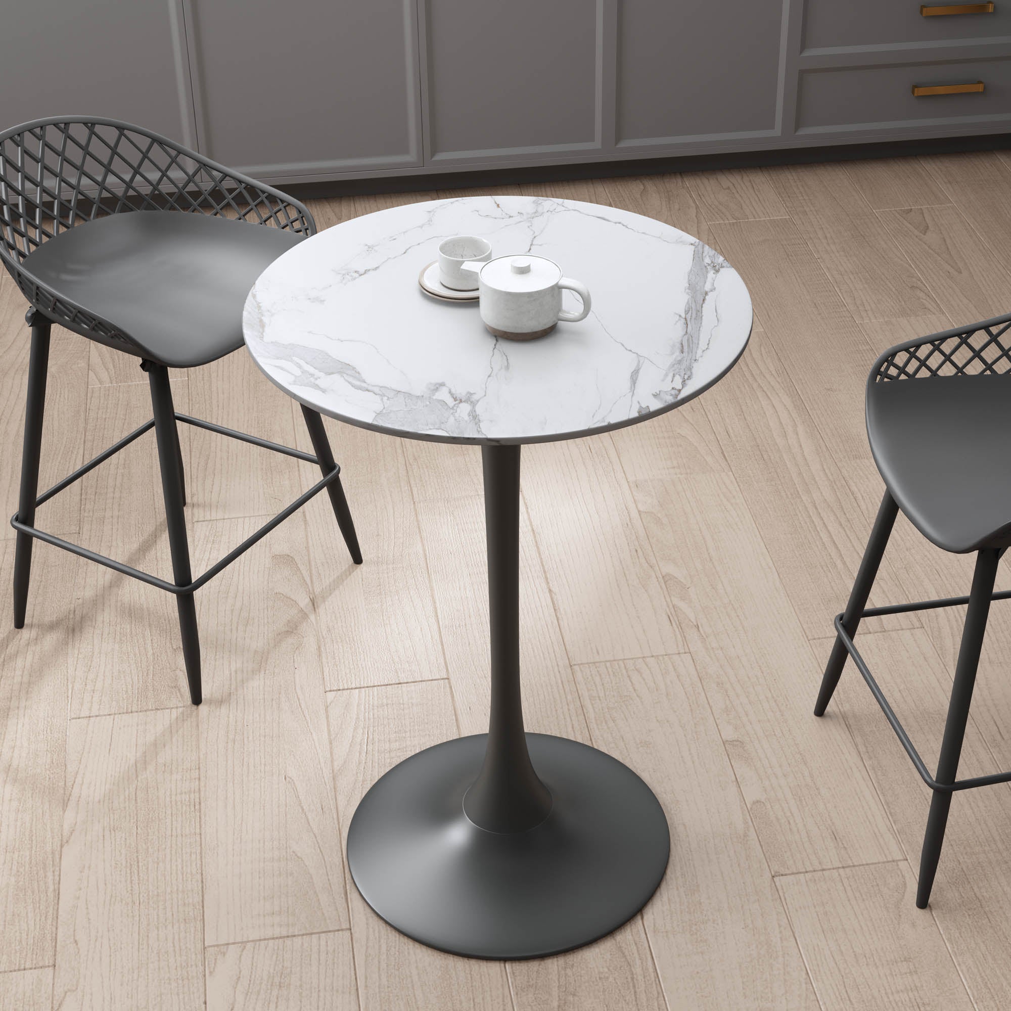 Kurv® Counter Height Table - White Faux Marble and Black Base