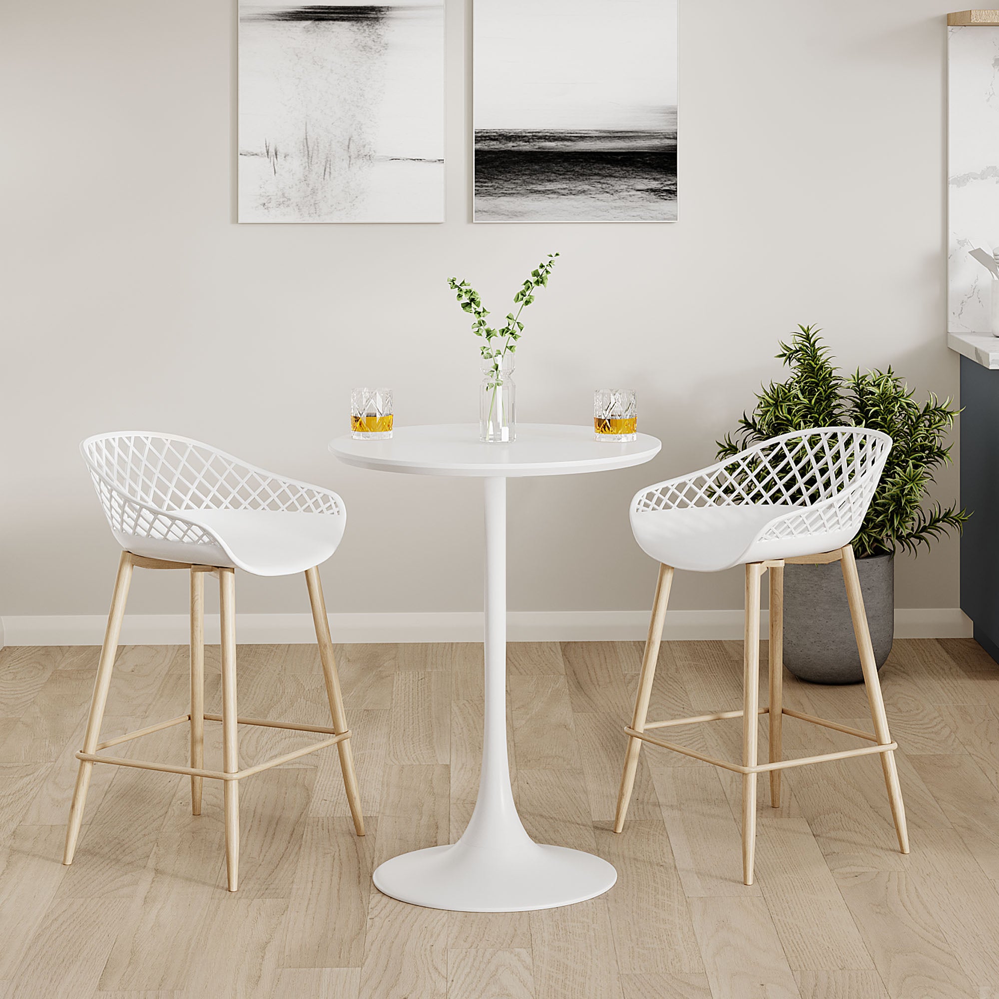 Kurv™ Indoor and Outdoor Counter Stool - White with Natural Legs - Set of 2