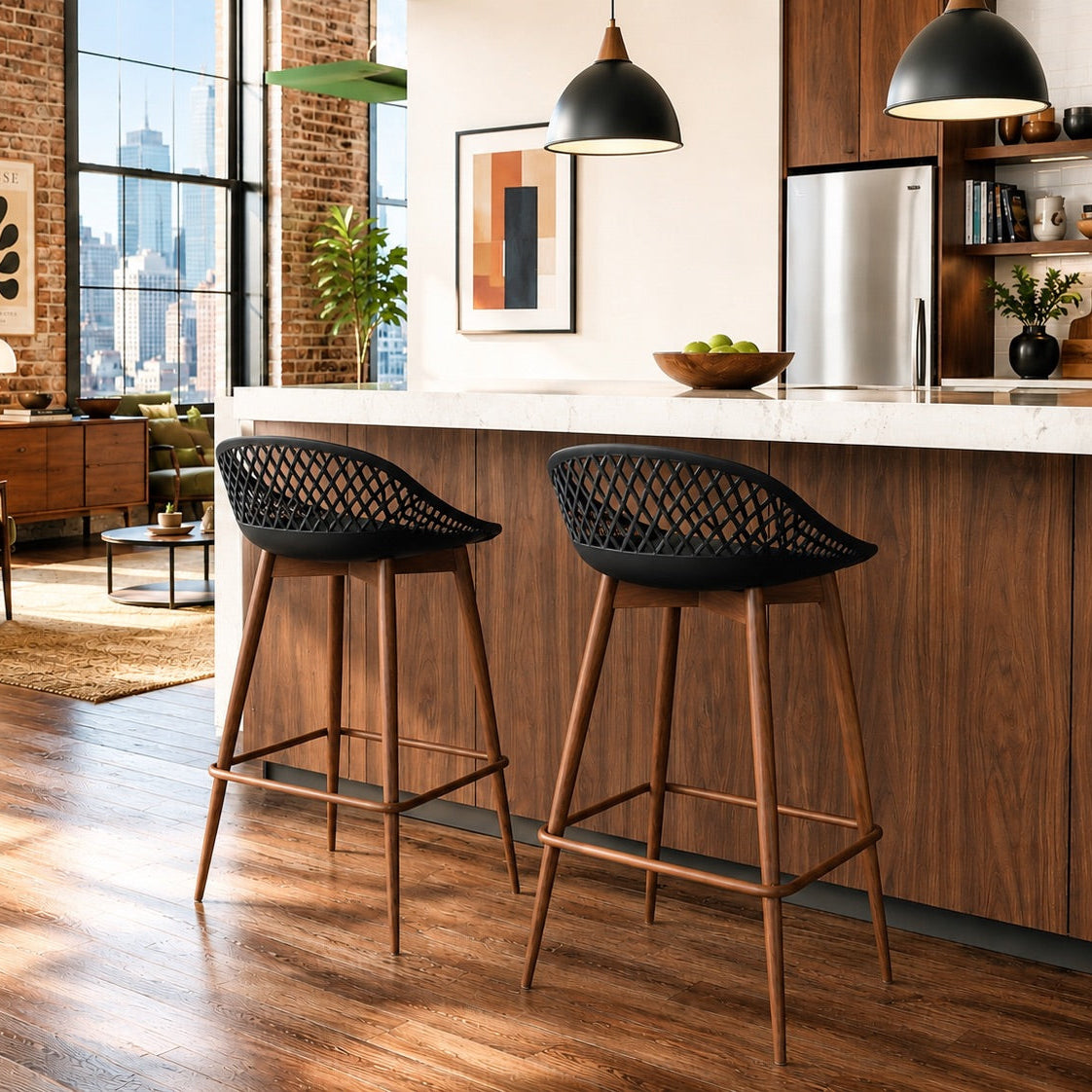 Kurv® Counter Stool - Black with Walnut Legs, Indoor/Outdoor - Set of 2