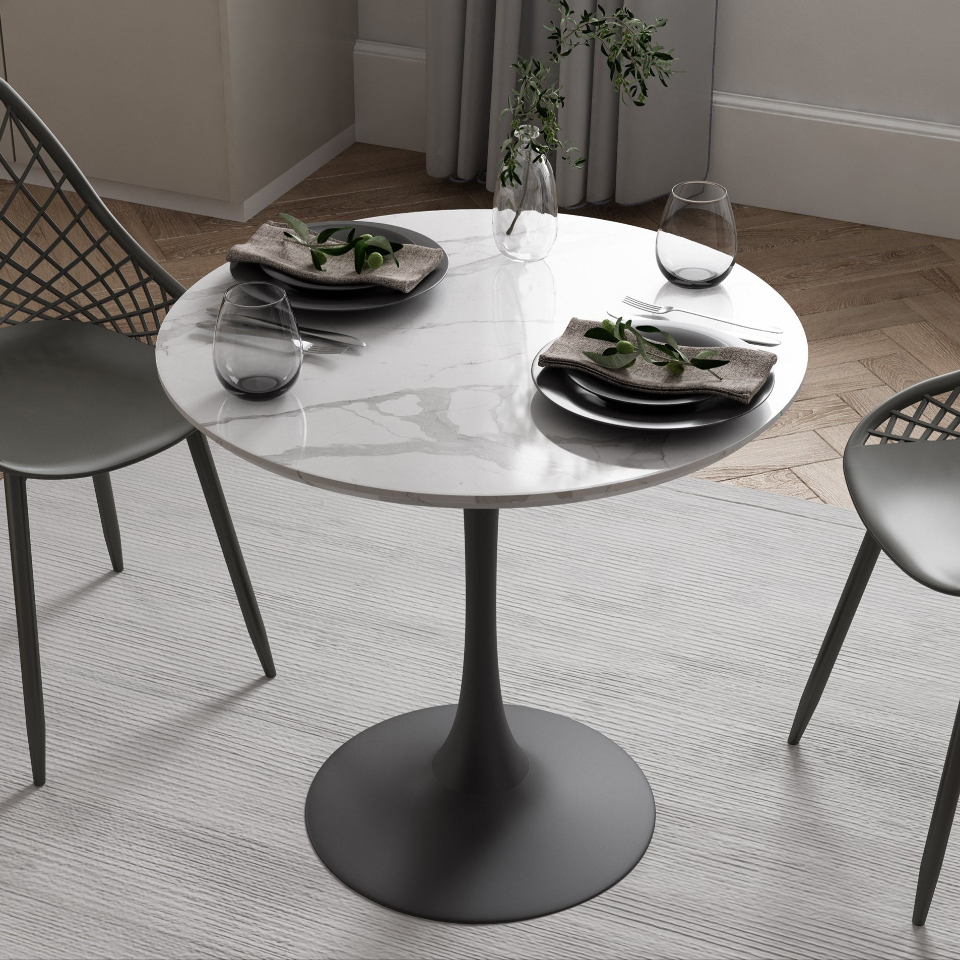 Kurv® Café Table - White Faux Marble and Black Base